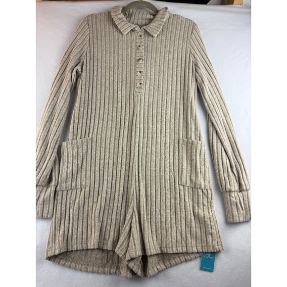 Cupshe Romper Womens Medium Beige Ribbed Long Sleeve Button Up Pockets Casual - Picture 1 of 9